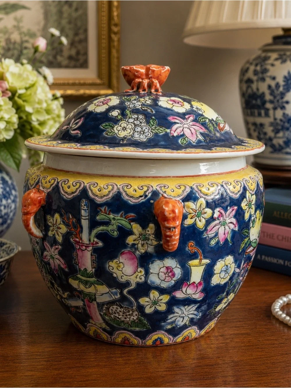 Vintage Chinoiserie Porcelain Ginger Jar Cobalt Blue Floral Lidded Jar